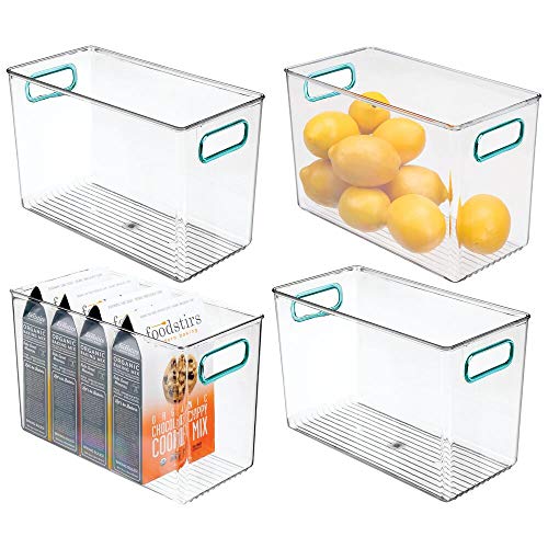 mDesign Plastic Food Storage Container Bin with Handles - for Kitchen, Pantry, Cabinet, Fridge/Freezer - Organizer for Snacks, Produce, Vegetables, Pasta - BPA Free, Food Safe - 4 Pack - Clear/Blue