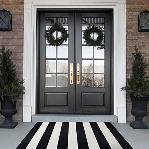 Black and White Striped Rug 28 x 45 Inches Front Door Mat Hand-Woven Cotton Indoor/Outdoor Rug for Layered Door Mats,Welcome Door Mat, Front Porch,Farmhouse,Kitchen,Entry Way