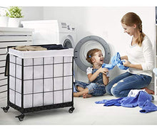 Load image into Gallery viewer, Laundry Hamper with Wood Lid and Divided Liner Bag;Durable Laundry Basket with Heavy Duty Rolling Lockable Wheels; Laundry Sorter with Removable Liner Bag (White)
