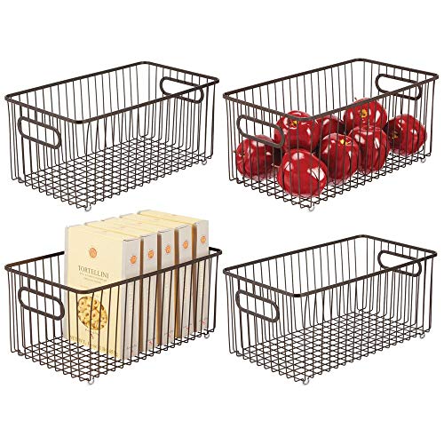 mDesign Metal Farmhouse Kitchen Pantry Food Storage Organizer Basket Bin - Wire Grid Design for Cabinets, Cupboards, Shelves, Countertops - Holds Potatoes, Onions, Fruit - 4 Pack - Bronze