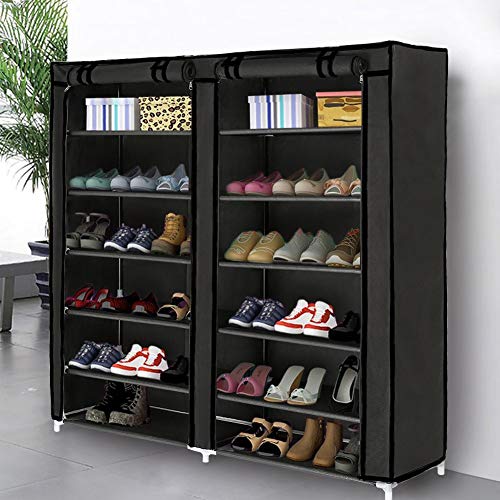 Blissun 7 Tier Shoe Rack Storage Organizer, 36 Pairs Portable Double Row Shoe Rack Shelf Cabinet Tower for Closet with Nonwoven Fabric Cover, Black
