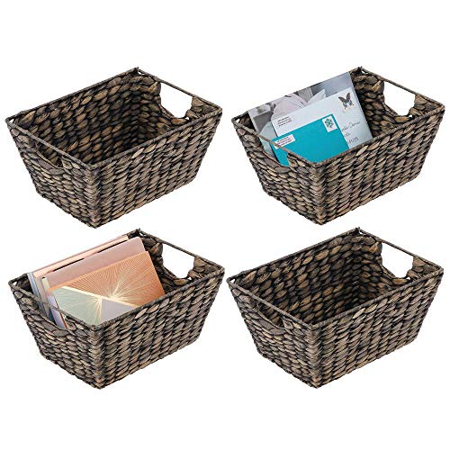 mDesign Natural Woven Hyacinth Closet Storage Organizer Basket Bin - Collapsible - for Cube Furniture Shelving in Closet, Bedroom, Bathroom, Entryway, Office - 4 Pack - Black Wash