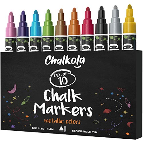 Metallic Chalk Markers (10 Pack) Liquid Chalk Pens - For Blackboards, Chalkboard, Bistro Menu, Window - Wet Wipe Erasable - 6mm Reversible Bullet & Chisel Tip