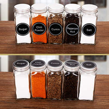 Load image into Gallery viewer, SWOMMOLY 36 Glass Spice Jars with 713 Spice Labels, Chalk Marker and Funnel Complete Set. 36 Square Glass Jars 4 OZ, Airtight Cap, Pour/sift Shaker Lid

