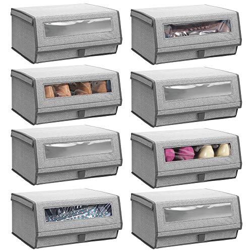 mDesign Fabric Large Storage Box Bin with Clear Window and Hinged Lid - Holder for Mens and Womens Dress Shoes, Boots, Pumps, Sandals, Flats - Modern Closet Organizer Solution - 8 Pack - Gray