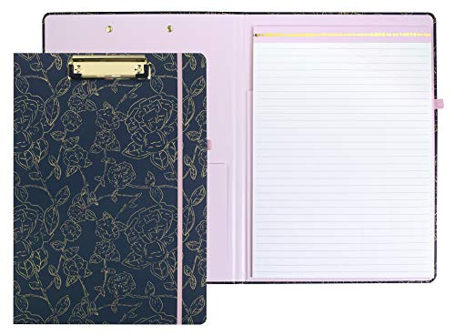 Steel Mill & Co Cute Clipboard Folio with Refillable Lined Notepad and Interior Storage Pocket for Women, Stylish Metallic Gold Floral on Navy Design Clipfolio, Navy Floral