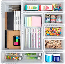 Load image into Gallery viewer, Mebbay 10 Pack Expandable Drawer Organizer Grey Plastic Makeup Junk Drawer Organizer for Bathroom Office Kitchen 6-18.2&quot;L with 40 pcs Non-Slip Pads
