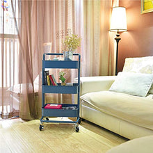 Load image into Gallery viewer, 3-Tier Metal Mesh Storage Utility Cart with Brake Wheels, Rolling Cart with Removable Handle, Navy Blue
