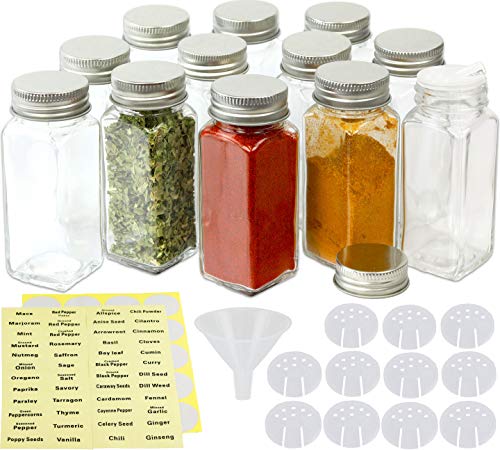 SimpleHouseware Spice Jars 4 Ounce Square Bottles w/label, 12 Pack