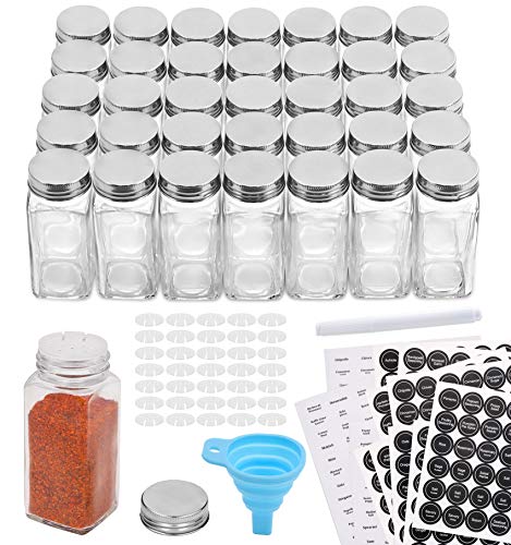 Aozita 36 Pcs Glass Spice Jars with 810 Spice Labels - 4oz Empty Square Spice Bottles - Shaker Lids and Airtight Metal Caps - Chalk Marker and Silicone Collapsible Funnel Included