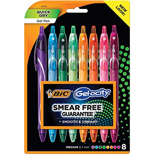 BIC Gel-Ocity Quick Dry Gel Pens, Medium Point Retractable Gel Pen (0.7mm), Assorted Colors, 8-Count