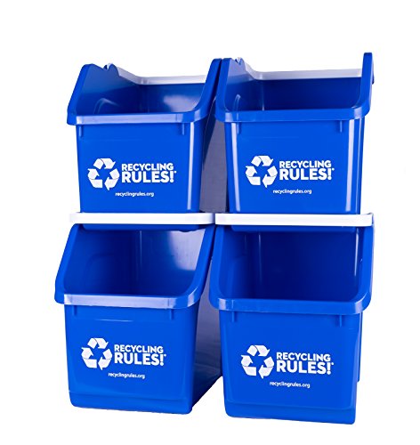 4 Pack of Bins - Blue Stackable Recycling Bin Container with Handle 6 Gallon