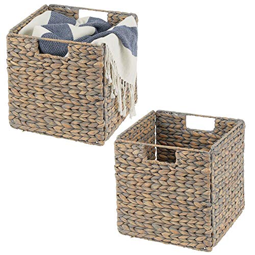 mDesign Natural Woven Hyacinth Closet Storage Organizer Basket Bin - Collapsible - for Cube Furniture Shelving in Closet, Bedroom, Bathroom, Entryway, Office - 10.5 Inches High, 2 Pack - Natural/Tan