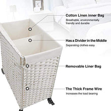 Load image into Gallery viewer, Greenstell Laundry Hamper with Wheels &amp; 2 Removable Liner Bags, Divided Handwoven Hampers, Synthetic Rattan Clothes Laundry Basket with Lid &amp; Handles, Foldable &amp; Easy to Install White 22x12x26.4 in
