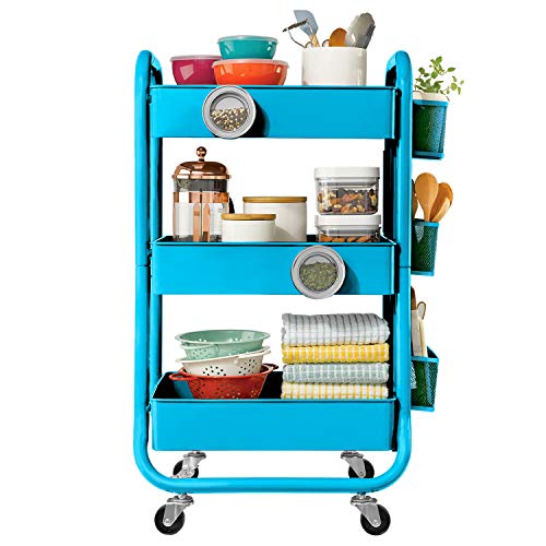 DESIGNA 3-Tier Metal Rolling Utility Cart with Handle, Craft Art Carts & Extra Office Storage Accessories Turquoise