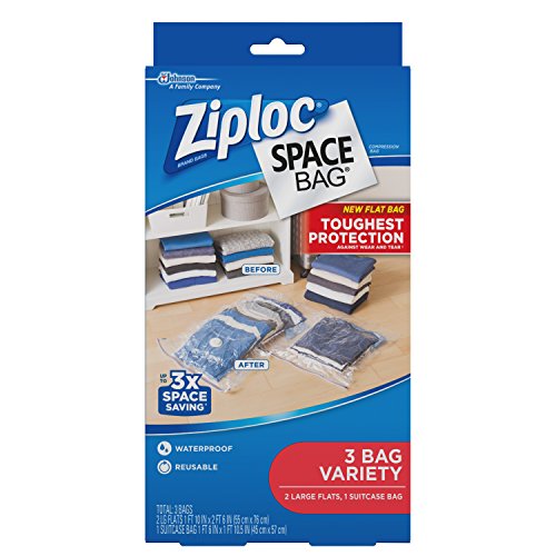 Ziploc Flat Space Bags, for Organization and Storage, Reusable, Waterproof Bag, Pack of 3 (2 Flat & 1 Travel)