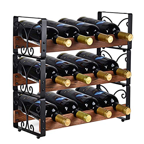 X-cosrack Rustic 3 Tier Stackable Wine Rack Freestanding 12 Bottles Organizer Holder Stand Countertop Liquor Storage Shelf Solid Wood & Iron 16.5
