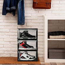 Load image into Gallery viewer, YOUR KIX Drop Front Shoe Box, Black Stackable,1 Case Sold Individually, Stylish Display Case for Men and Women, Magnetic, Large Clear Plastic Shoes, Storage Boxes for Sneaker or Favorite Kicks, Shoe Organizer, XL, Shoe Containers for any Space.
