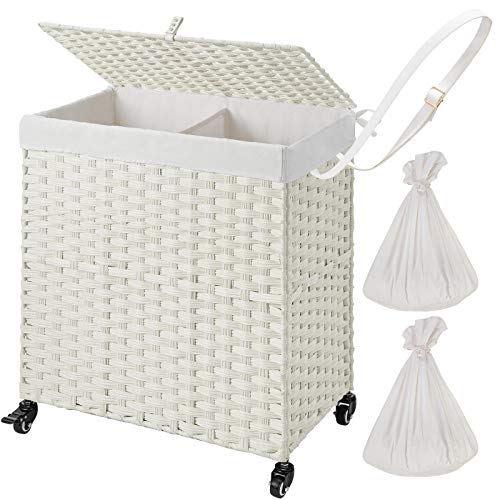 Greenstell Laundry Hamper with Wheels & 2 Removable Liner Bags, Divided Handwoven Hampers, Synthetic Rattan Clothes Laundry Basket with Lid & Handles, Foldable & Easy to Install White 22x12x26.4 in