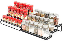 Load image into Gallery viewer, 3 Tier Expandable Spice Rack Organizer for Cabinet Pantry or Countertop (12.5 to 25&quot;W) Kitchen Step Shelf with Protection Railing, Black
