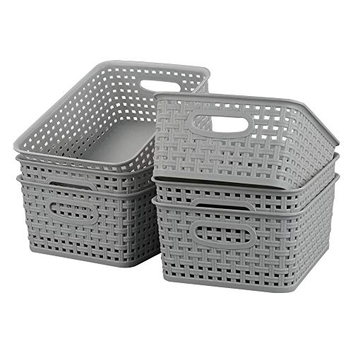 Kiddream Set of 6 Plastic Weave Storage Basket Pantry Organizing Bin (grey)