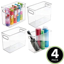 Load image into Gallery viewer, mDesign Slim Plastic Storage Container Bin with Handles - Bathroom Cabinet Organizer for Toiletries, Makeup, Shampoo, Conditioner, Face Scrubbers, Loofahs, Bath Salts - 5&quot; Wide, 4 Pack - Clear
