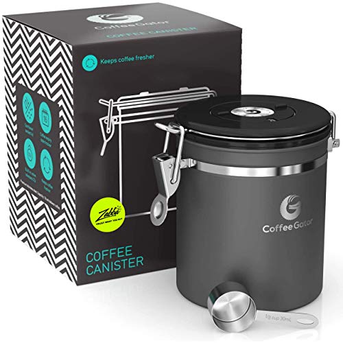 Coffee Gator Stainless Steel Coffee Grounds and Beans Container Canister with Date-Tracker, CO2-Release Valve and Measuring Scoop, Medium, Gray