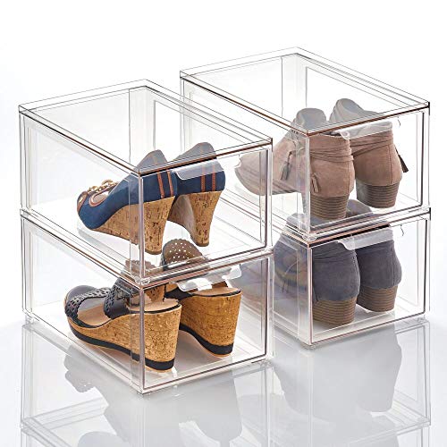 mDesign Plastic Stackable Closet Storage Box with Pull-Out Drawer - Container for Organizing Men's and Women's Shoes, Sandals, Wedges, Flats, Heels, and Accessories - 4 Pack - Clear