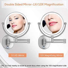 Load image into Gallery viewer, Pansonite LED Wall Mount Makeup Mirror with 10x Magnification, 8.5&#39;&#39; Double Sided 360° Swivel Vanity Mirror with 13.7&quot; Extension and Adjustable Light for Bathroom &amp; Bedroom, Brushed Finished
