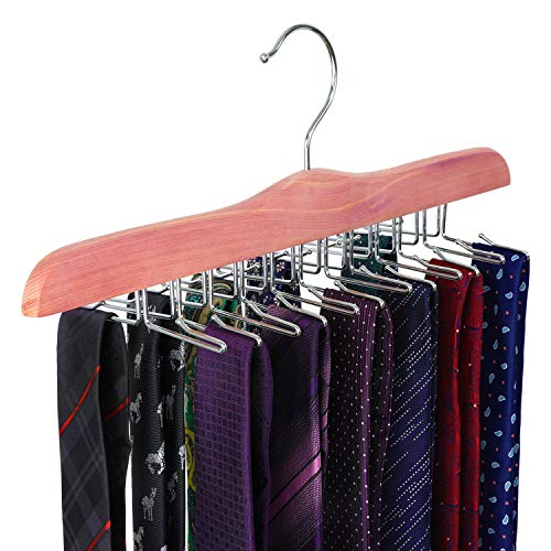 TOPIA HANGER American Red Cedar Wooden Tie Racks for Closet, 24 Tie Hangers Organizer, High-Grade Space Saving Necktie Holder for Storage and Display (1-Pack) CT14T