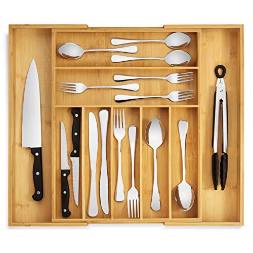 RMR Home Bamboo Silverware Drawer Organizer - Expandable Kitchen Drawer Organizer and Utensil Organizer, Perfect Size Cutlery Tray with Drawer Dividers for Kitchen Utensils and Flatware (7-9 Slots)
