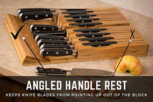 Load image into Gallery viewer, In-Drawer Bamboo Knife Block Holds 16 Knives (Not Included) Without Pointing Up PLUS a Slot for your Knife Sharpener! Noble home &amp; chef Knife Organizer Made from Quality Moso Bamboo
