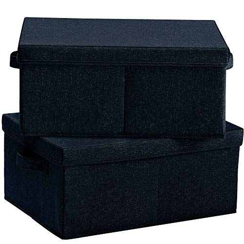 HOONEX Linen Foldable Storage Bins with lid, 2 Pack, Storage Boxes with Carrying Handles and Study Heavy Cardboard, 16.5