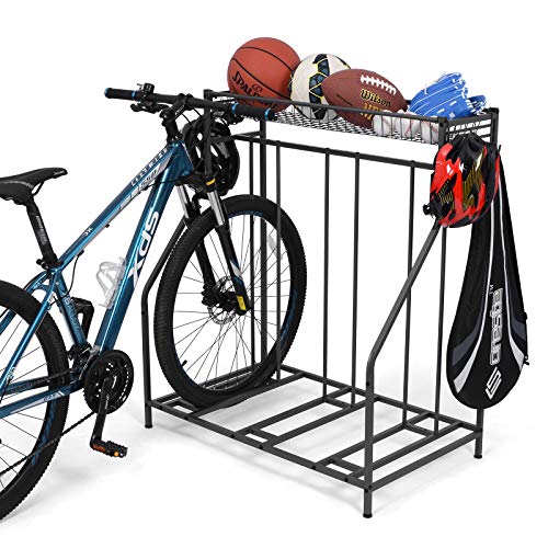 Bike Rack, 3 Bike Stand Rack, with Baskets Storage and 6 Hooks, Bicycle Floor Parking Stands, Bike Storage Stand, Bike Rack Garage, Free Standing Bike Rack, Indoor Outdoor Sports Storage Station