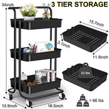 Load image into Gallery viewer, AROVA 3 Tier Rolling Cart, Multifunction Storage Cart with Lock Wheels Plastic Basket, Easy Assembly Craft Art Utility Cart for Office Home Kitchen Bathroom Organization (Black)
