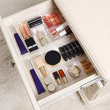 Load image into Gallery viewer, Oubonun Expandable Drawer Organizer 11.1” to 19.2” Width, Shallow Cosmetic Organizer 1.3” Height, 4 Packs, Clear Plastic Storage Trays with 7 Compartments for Dressing Table, Bathroom, and Office Desk
