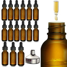 Load image into Gallery viewer, 15 Pack Essential Oil Bottles - Round Boston Empty Refillable Amber Bottle with Glass Dropper [ Free Stainless Steel Funnel ] for Liquid Aromatherapy Fragrance Lot - (1 oz) 30ml
