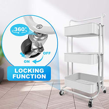 Load image into Gallery viewer, Homchwell 3 Tier Metal Utility Rolling Cart with Lockable Wheels, Multifunction Movable Storage Shelves Organizer Cart with Handle and Mesh Basket for Kitchen, Coffee Bar,Bathroom, Office
