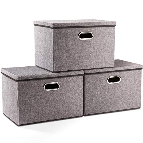 Prandom Large Collapsible Storage Bins with Lids [3-Pack] Linen Fabric Foldable Storage Boxes Organizer Containers Baskets Cube with Cover for Home Bedroom Closet Office Nursery (17.7x11.8x11.8)