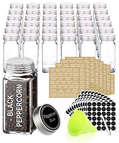 SWOMMOLY 36 Glass Spice Jars with 713 Spice Labels, Chalk Marker and Funnel Complete Set. 36 Square Glass Jars 4 OZ, Airtight Cap, Pour/sift Shaker Lid