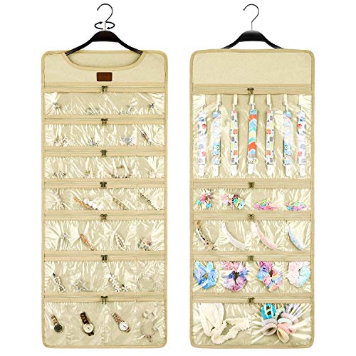 SMRITI Hanging Jewelry Organizer with Dual Zippered Pockets Canvas Double Sided Rotating Hanger Necklace Hanging Wall Organizer Earring Dustproof Holder Wall Mount Accessories Display Bag(Beige)