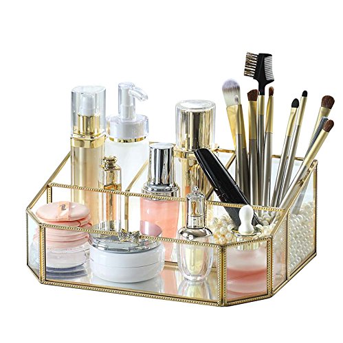 YinZhiBoo Makeup Organizer Gold Cosmetic Organizer Decorative Storage Handmade Vintage Brass Edge Glass Organizer for Lipstick/Brushes