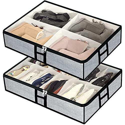 Under Bed Shoes Storage Organizer Bag Fits 12 Pairs Shoes and 4 Pairs Boots, Foldable Underbed Storage Bins Container for Kids, Men, Women Shoes Set of 2