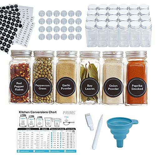 Prime Home Direct Spice Jars Set - 24 Spice Organizer with 792 labels - 4 oz Spice Containers with Shaker Lids and Airtight Metal Caps - Conversion Chart Magnet and Funnel Included