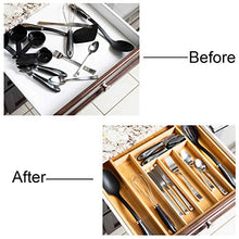 Load image into Gallery viewer, Expandable Bamboo Drawer Organizer - Large Silverware Organizer For Kitchen Organization - Strong And Durable Bamboo Expandable Drawer Organizer - 6-8 Compartments Utensil Drawer Organizers
