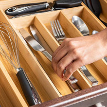 Load image into Gallery viewer, Expandable Bamboo Drawer Organizer - Large Silverware Organizer For Kitchen Organization - Strong And Durable Bamboo Expandable Drawer Organizer - 6-8 Compartments Utensil Drawer Organizers
