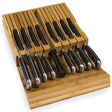 Load image into Gallery viewer, In-Drawer Bamboo Knife Block Holds 16 Knives (Not Included) Without Pointing Up PLUS a Slot for your Knife Sharpener! Noble home &amp; chef Knife Organizer Made from Quality Moso Bamboo
