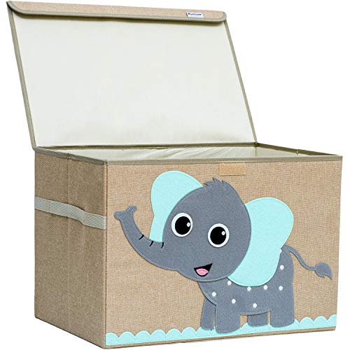 Hurricane Munchkin Large Toy Chest. Canvas Soft Fabric Children Toy Storage Bin Basket with Flip-top Lid. Collapsible Gray Toy Box for Kids, Boys, Girls, Toddler and Baby Nursery Room (Elephant)