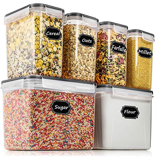 Airtight Food Storage Containers - Wildone Cereal & Dry Food Storage Container Set of 6(Black Lid), Leak-proof & BPA Free, With 1 Measuring Cup & 20 Chalkboard Labels & 1 Chalk Marker